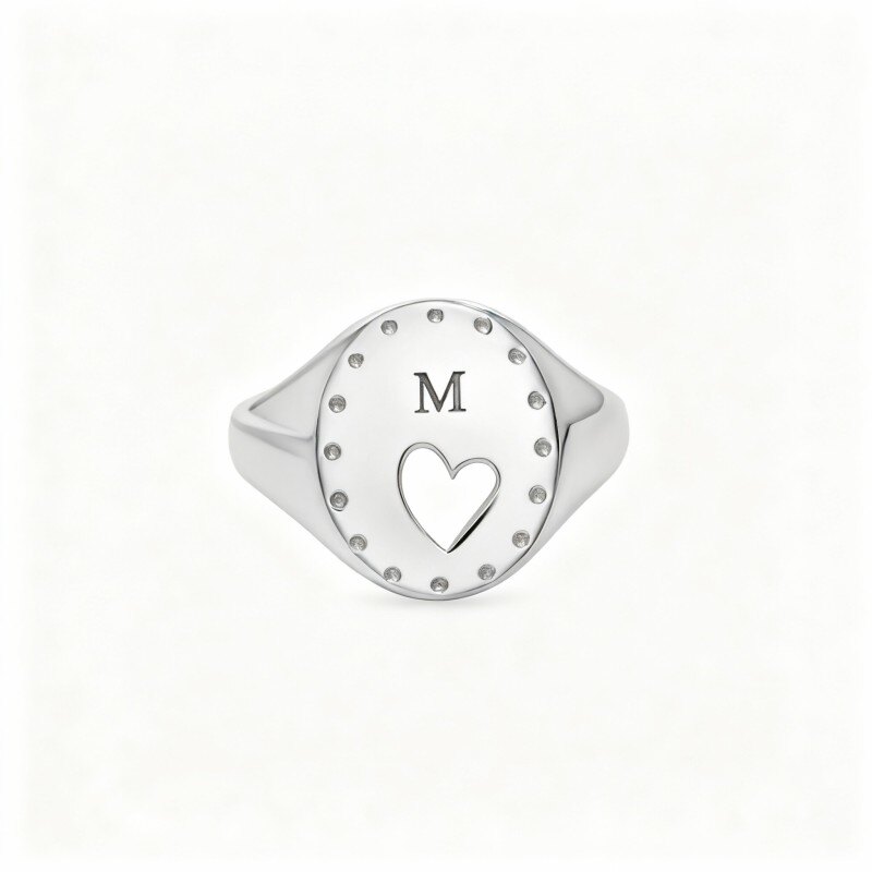 10K White Gold Personalized Initial Letter & Heart Ring-17