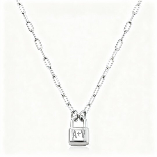 10K White Gold Personalized Initial Letter & Lock Pendant Necklace