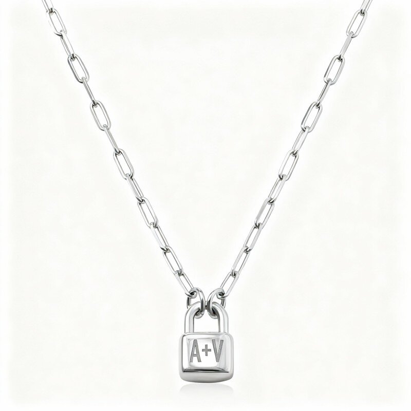 Collana con ciondolo con lettera iniziale personalizzata e lucchetto in oro bianco 14K-1