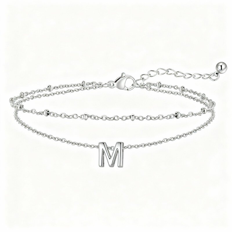 10K White Gold Personalized Initial Letter Multi-layered Charm Anklet-1