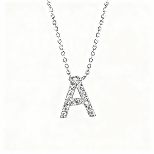 10K White Gold Cubic Zirconia Personalized Initial Letter Pendant Necklace