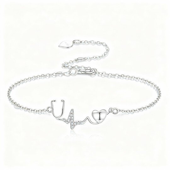 10K White Gold Cubic Zirconia Personalized Initial Letter & Stethoscope Charm Bracelet