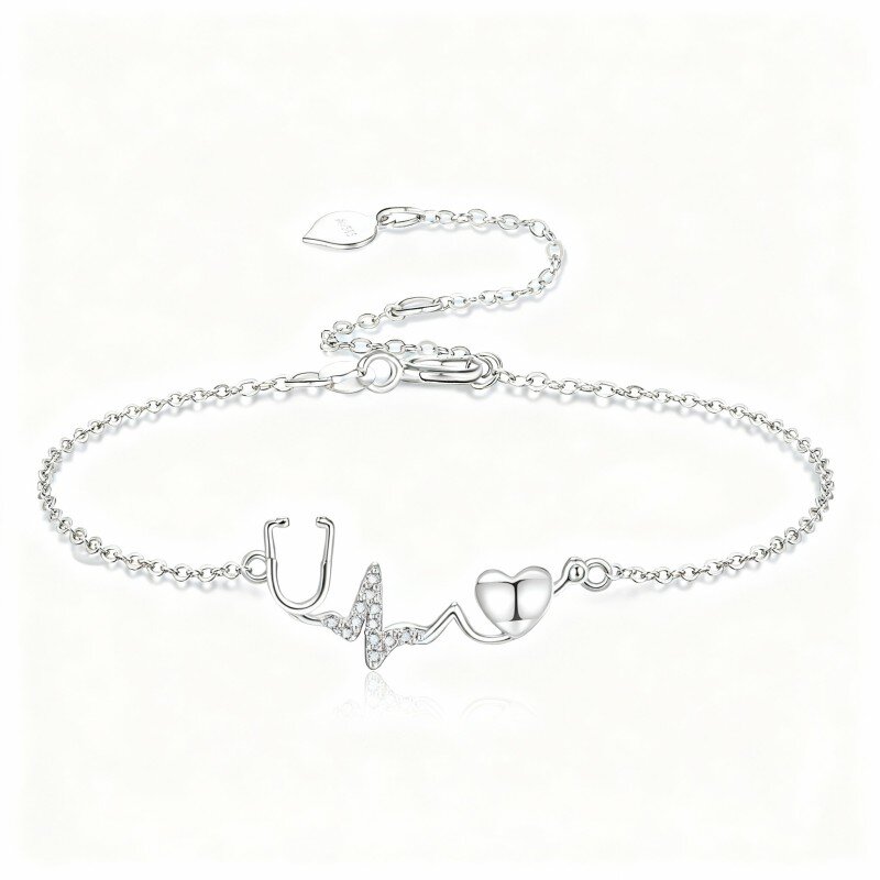 10K White Gold Cubic Zirconia Personalized Initial Letter & Stethoscope Charm Bracelet-1