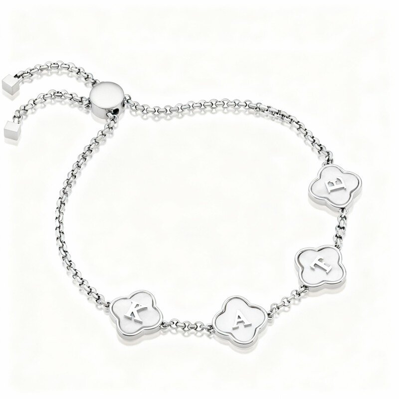 Pulsera de oro blanco de 10 quilates con dije de flores silvestres y letra inicial personalizada-1