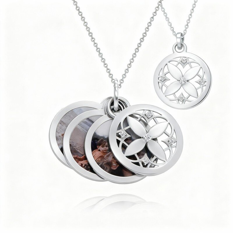 Colar com pendente personalizado com foto em ouro branco 10K e zircónias cúbicas-1