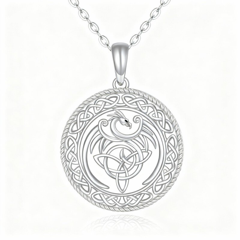 Collana con ciondolo a forma di fenice e nodo celtico in oro bianco 10K-13