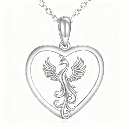 Colar com pendente fénix e coração em ouro branco 14K