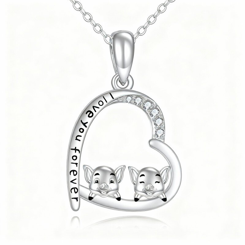 10K White Gold Cubic Zirconia Pig & Heart Pendant Necklace with Engraved Word-17
