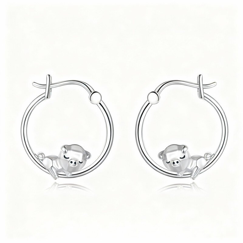 10K White Gold Pig Hoop Earrings-1