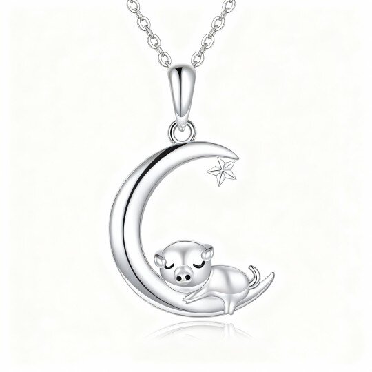 10K White Gold Pig & Moon Pendant Necklace
