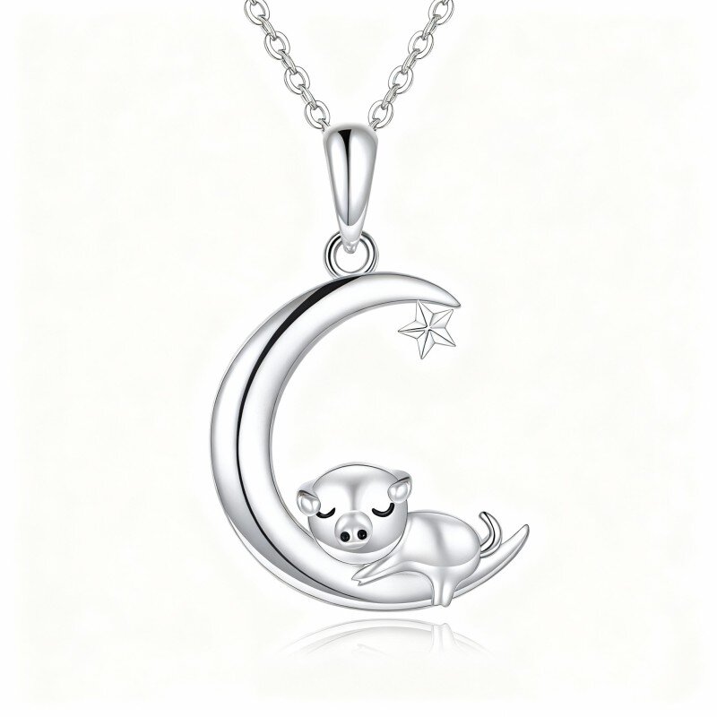 10K White Gold Pig & Moon Pendant Necklace-3