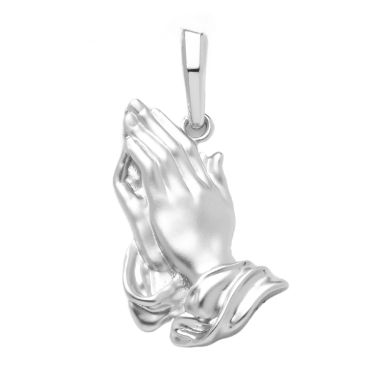Pendentif en platine plaqué or blanc représentant des mains en prière-1