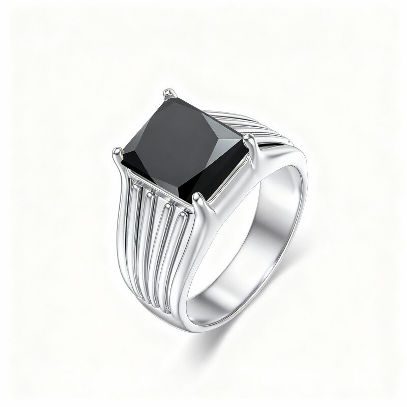 Anillo cuadrado de oro blanco de 14 quilates con ágata talla princesa y grabado personalizado para hombre-1