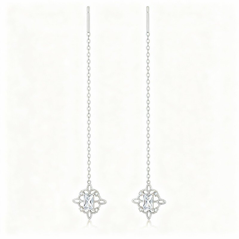 10K White Gold Princess Cut Cubic Zirconia Celtic Knot Drop Earrings-2
