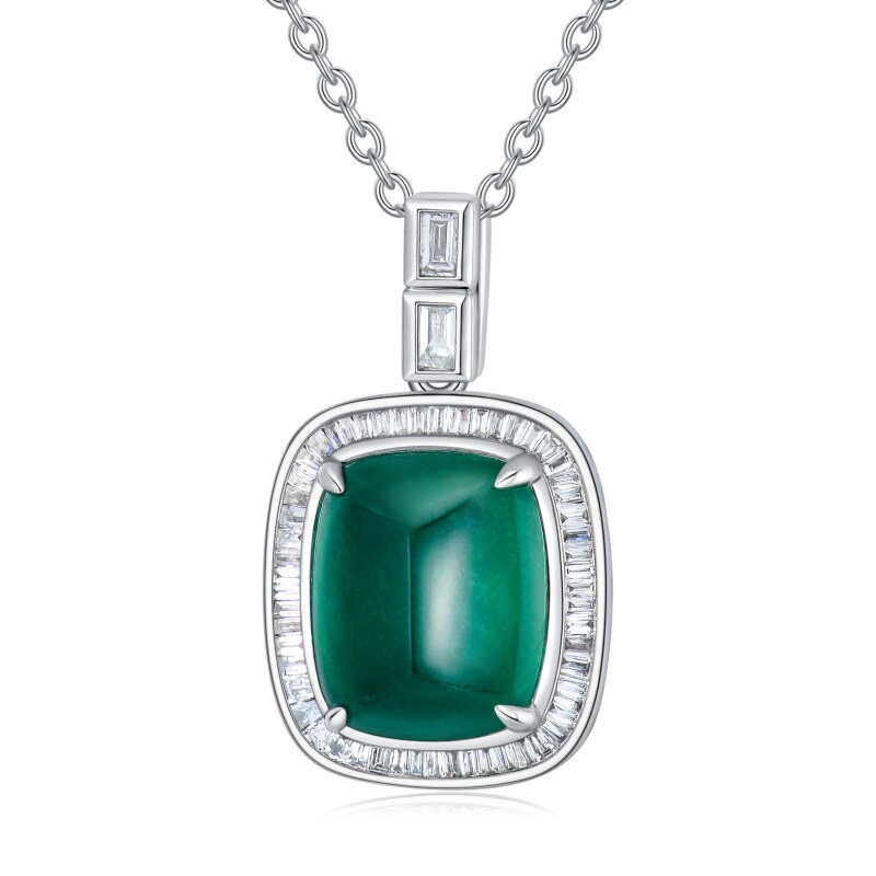 Platinum with White Gold Plated Princess Cut Diamond & Emerald Square Pendant Necklace-1