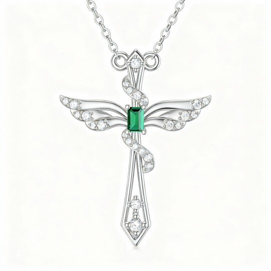 10K White Gold Princess Cut Emerald Angel Wing & Cross Pendant Necklace