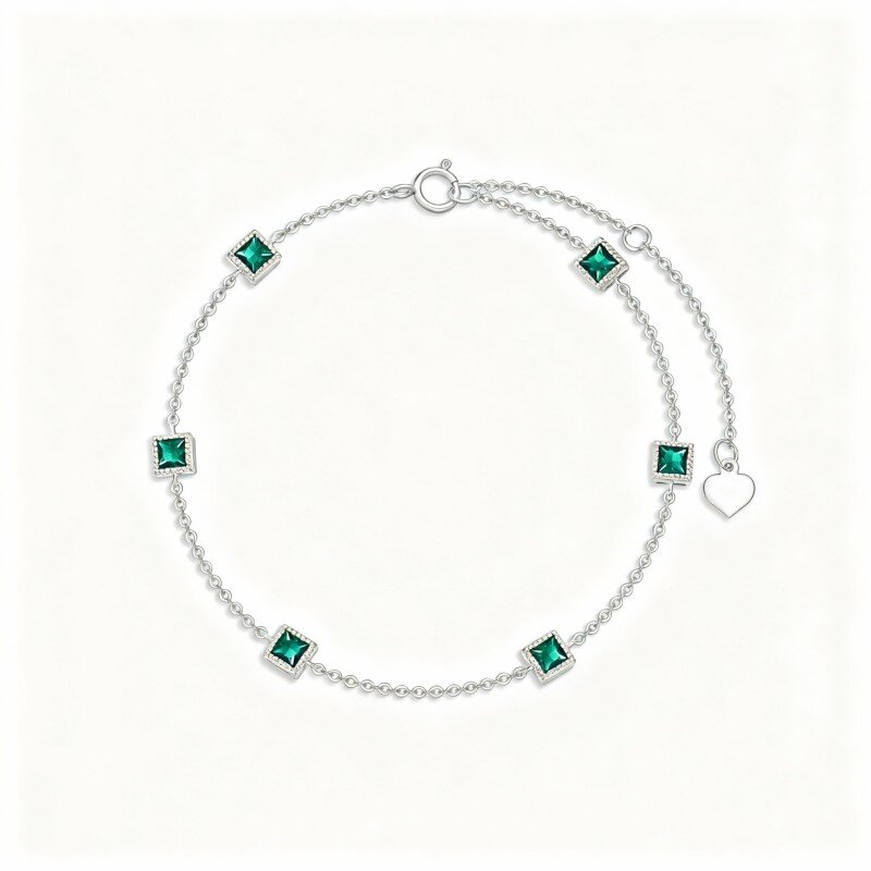 Platinum with White Gold Plated Princess Cut Emerald Charm Bracelet-1