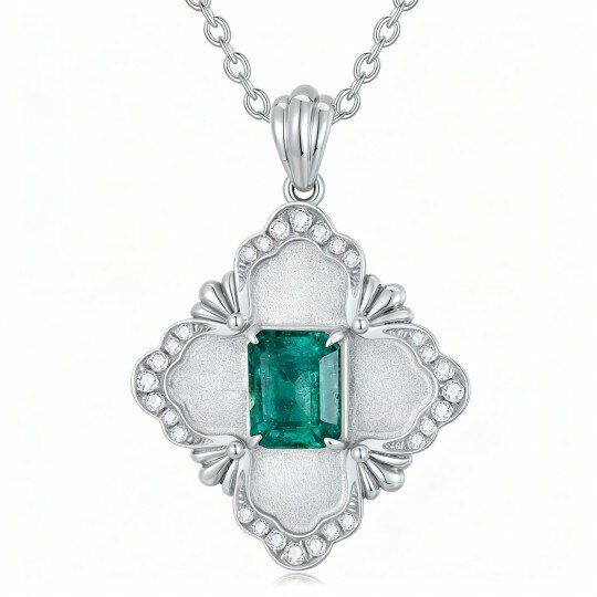 Collier pendentif Fleur de Vie en or blanc 10 carats avec émeraude taille princesse