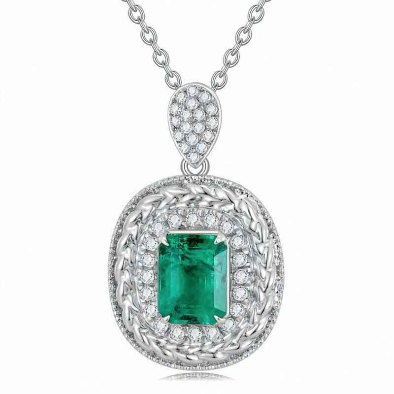 18K White Gold Princess Cut Emerald Round Pendant Necklace-1