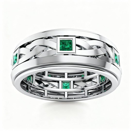 Anel de casamento para homem em ouro branco 10K com esmeralda sintética lapidada princesa