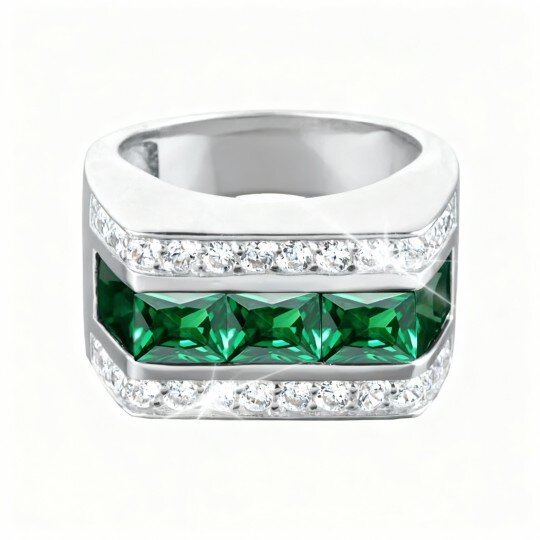 Anel de noivado para homem em ouro branco 9K com zircónias cúbicas e moissanitas de corte princesa, pedra de nascimento personalizada e gravação personalizada.