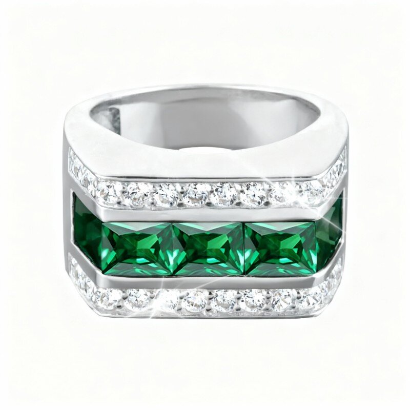 Anel de noivado para homem em ouro branco 9K com zircónias cúbicas e moissanitas de corte princesa, pedra de nascimento personalizada e gravação personalizada.-1