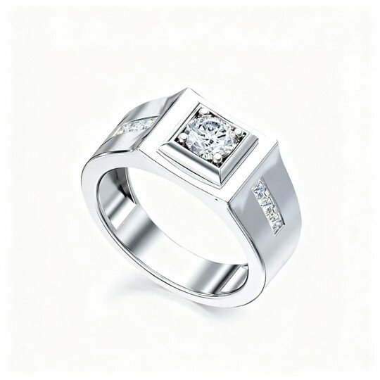 10K White Gold Princess Cut Moissanite Personalized Engraving Ring for Men