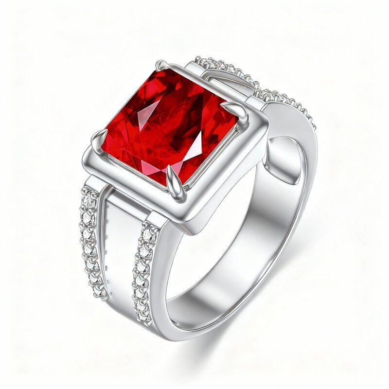 10Kホワイトゴールド プリンセスカット キュービックジルコニア パーソナライズ刻印＆スクエアリング メンズ-3