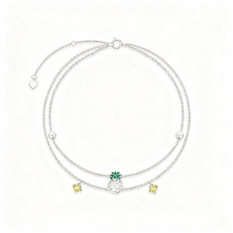 Tornozeleira com pendente de ananás em camadas, cravejada com zircónias cúbicas de corte princesa em ouro branco 10K-4