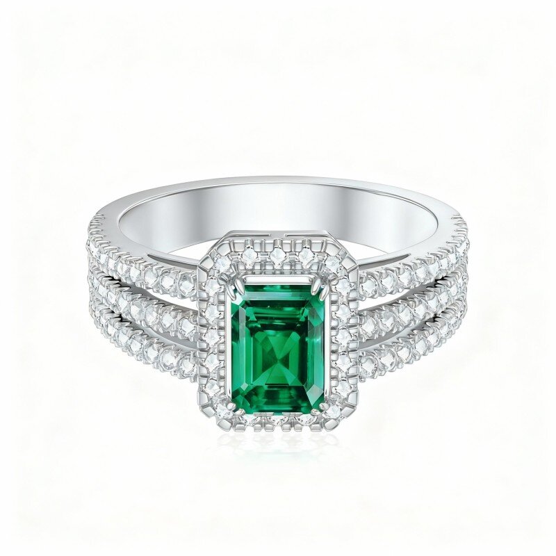 10K White Gold Princess-square Shaped Diamond & Emerald Custom Wedding Ring-1