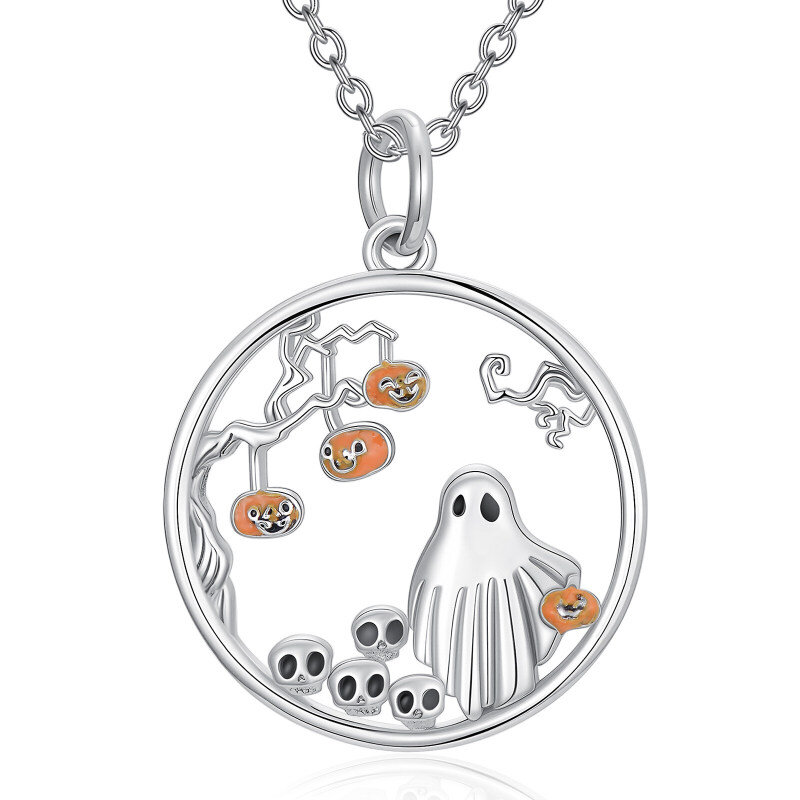 Colar com pendente de abóbora, círculo, caveira e fantasma banhado a platina e ouro branco-1