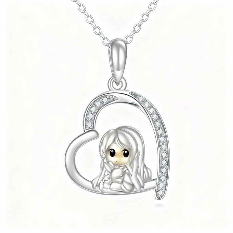 Naszyjnik z wisiorkiem w kształcie królika i serca z białego złota 10K z cyrkonii sześciennej-3