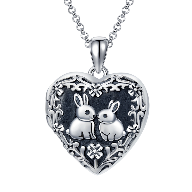 Collar con medallón fotográfico personalizado de platino con conejo y corazón chapado en oro blanco con palabra grabada-13