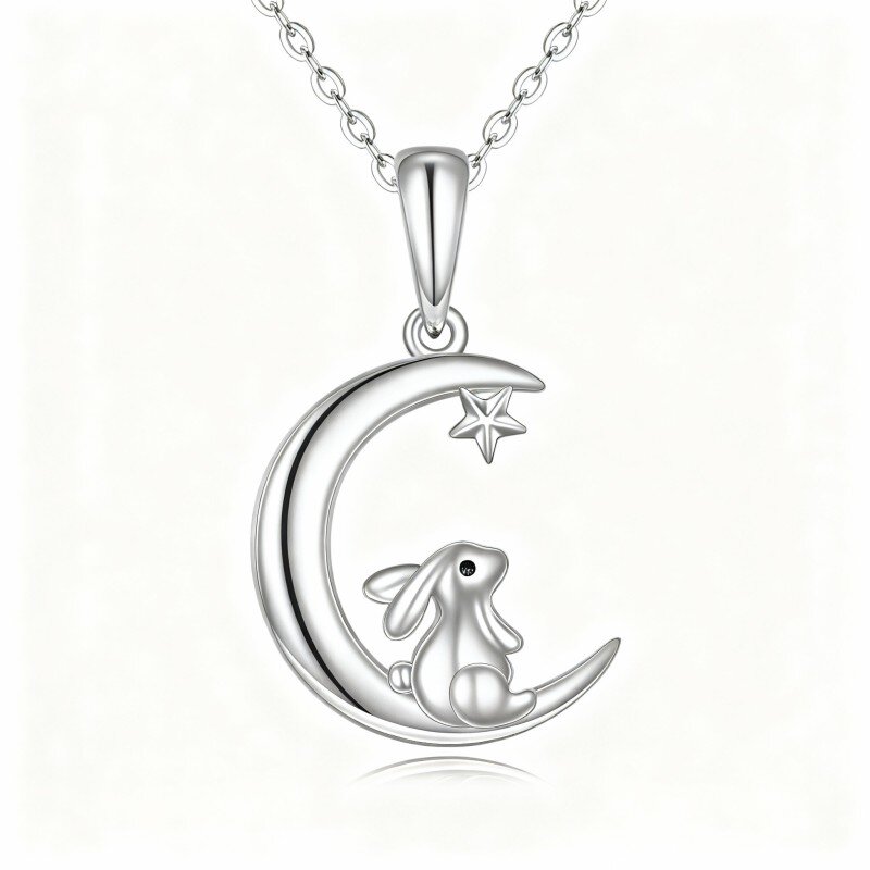 10K White Gold Rabbit & Moon Pendant Necklace-1