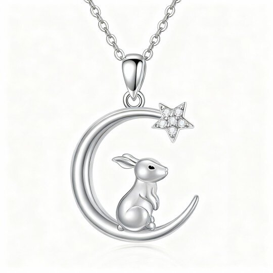 10K White Gold Cubic Zirconia Rabbit & Moon & Star Pendant Necklace