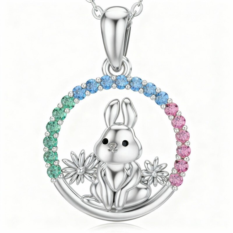 10K White Gold Cubic Zirconia Rabbit Pendant Necklace-14