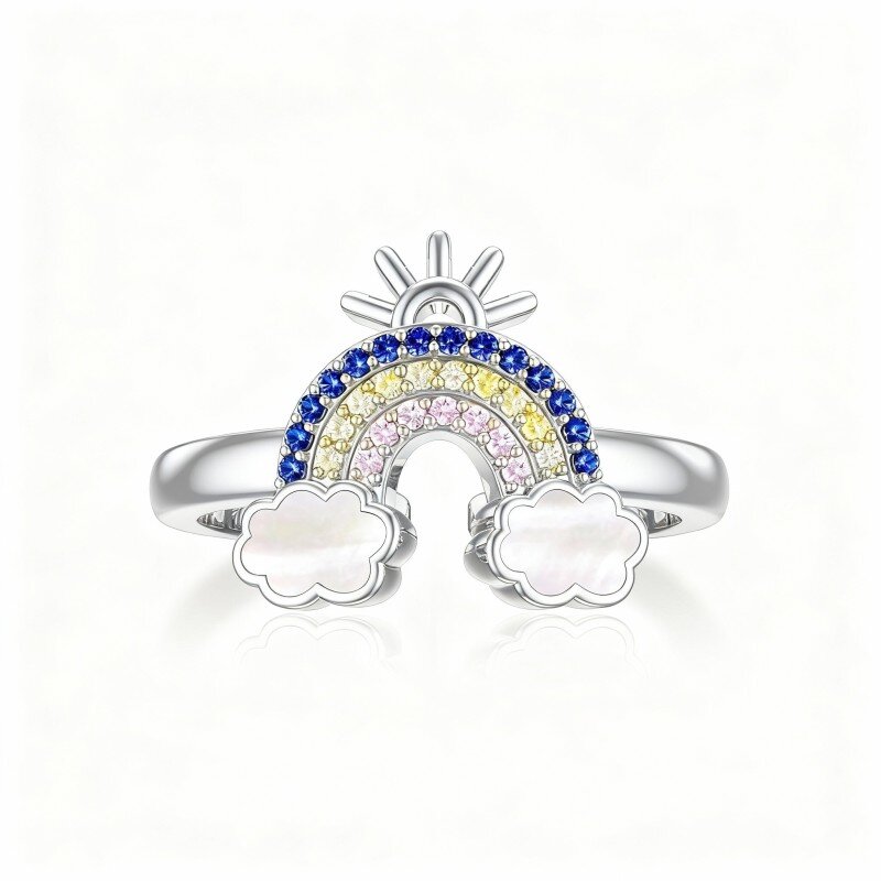 Anillo abierto de oro blanco de 10 quilates con circonitas cúbicas de colores del arcoíris-12