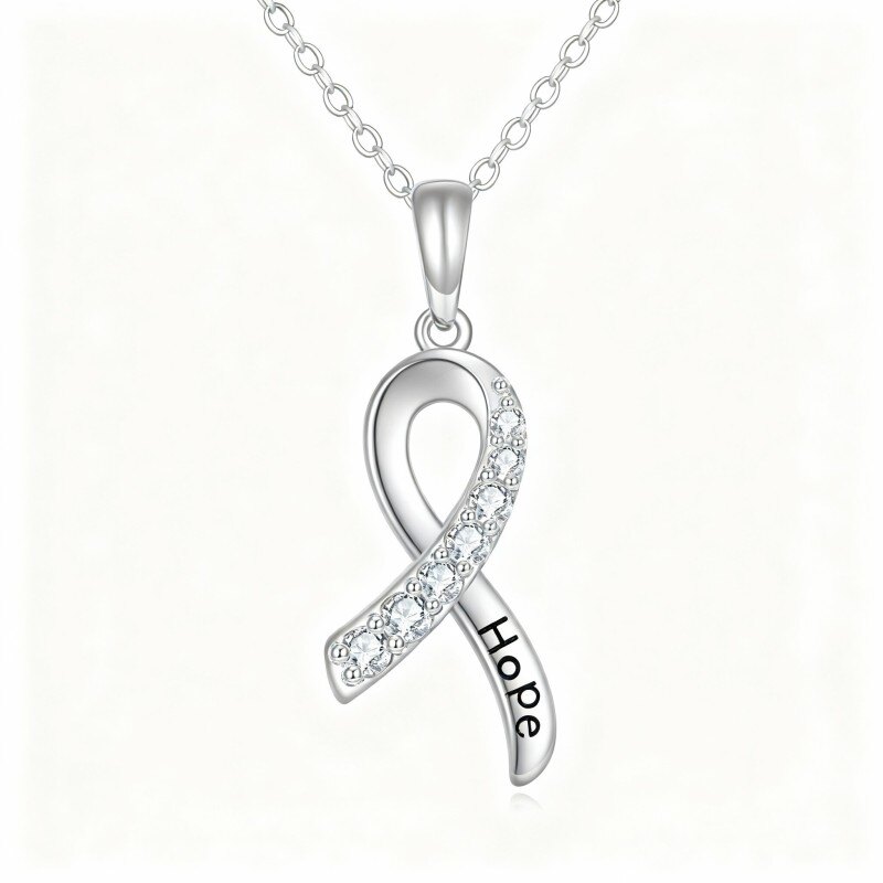 Naszyjnik z platyny z zawieszką w kształcie wstążki z cyrkonii sześciennej platerowanej białym złotem-1