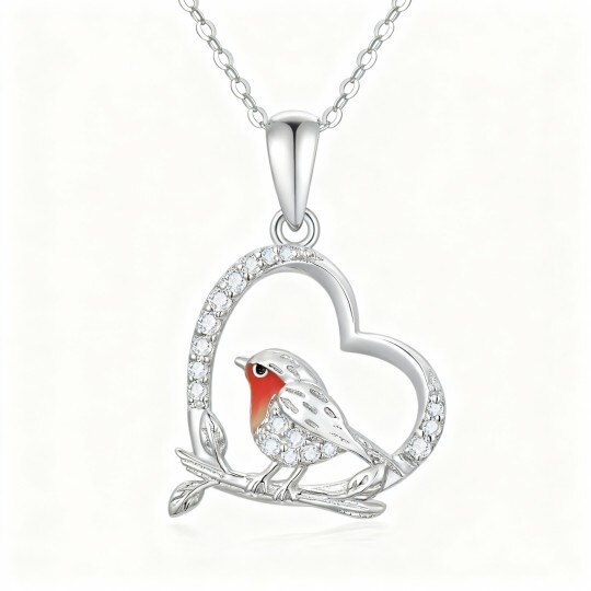 Collar con colgante de petirrojo y corazón en oro blanco de 9 quilates con circonitas cúbicas