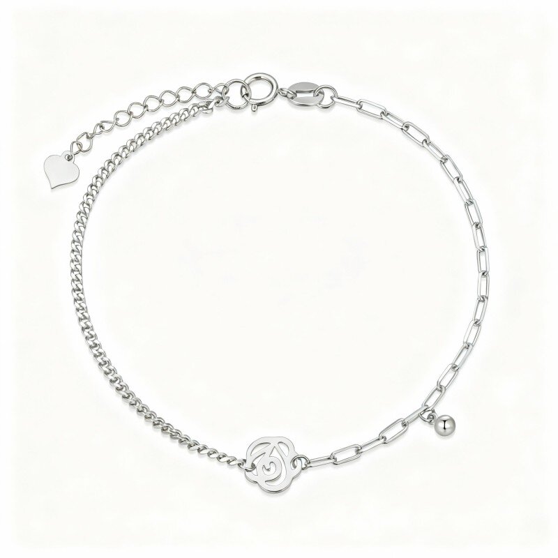 10K White Gold Rose & Ball Charm Bracelet-1