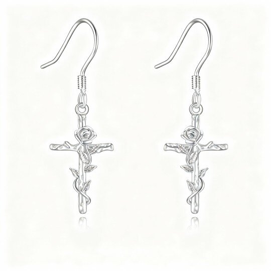 10K White Gold Rose & Cross Drop Earrings