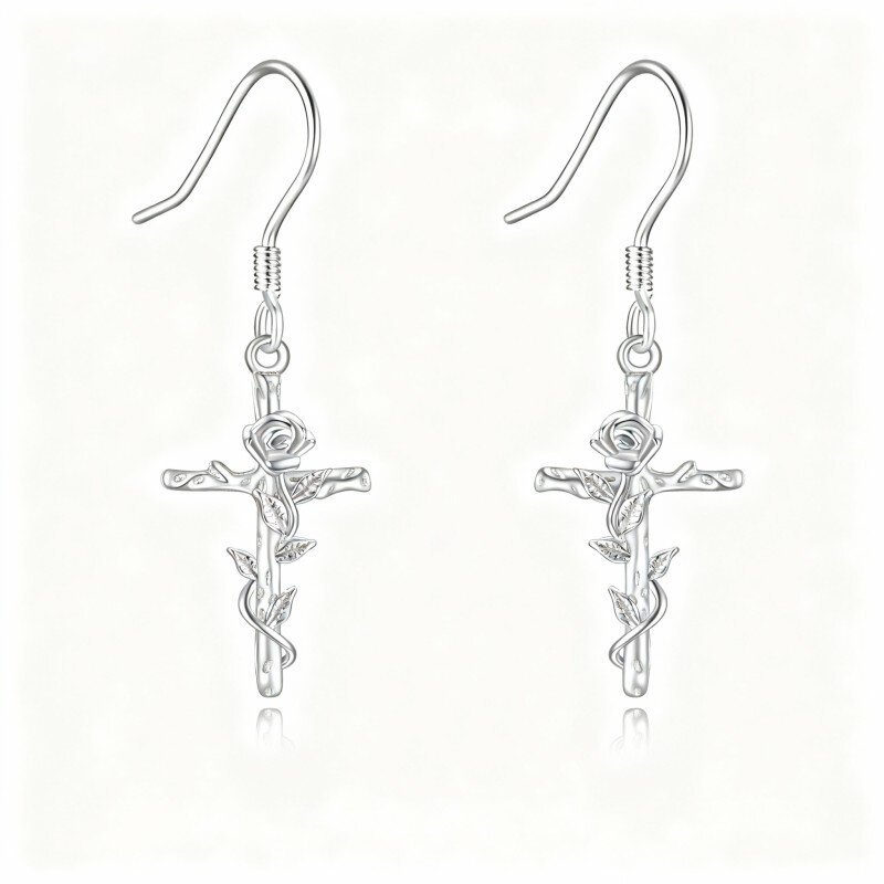 10K White Gold Rose & Cross Drop Earrings-18