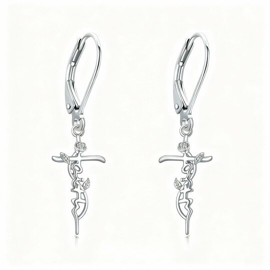 10K White Gold Rose & Cross Lever-back Earrings