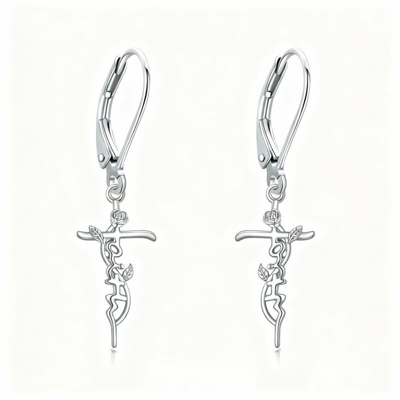 10K White Gold Rose & Cross Lever-back Earrings-3
