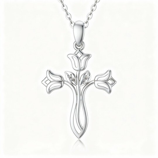 Colar com pendente de rosa e cruz em ouro branco 10K