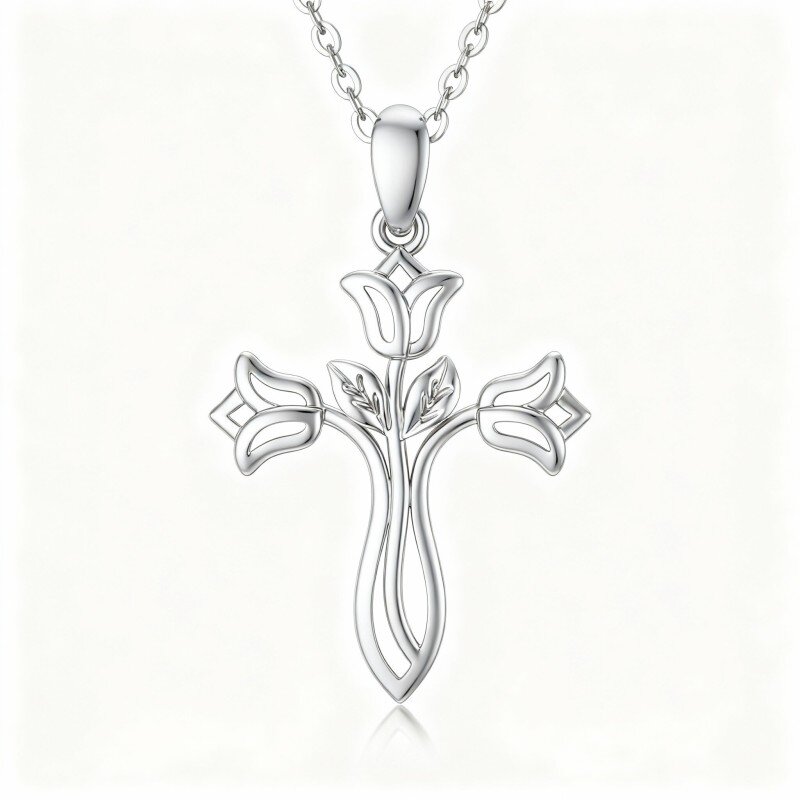 10K White Gold Rose & Cross Pendant Necklace-9