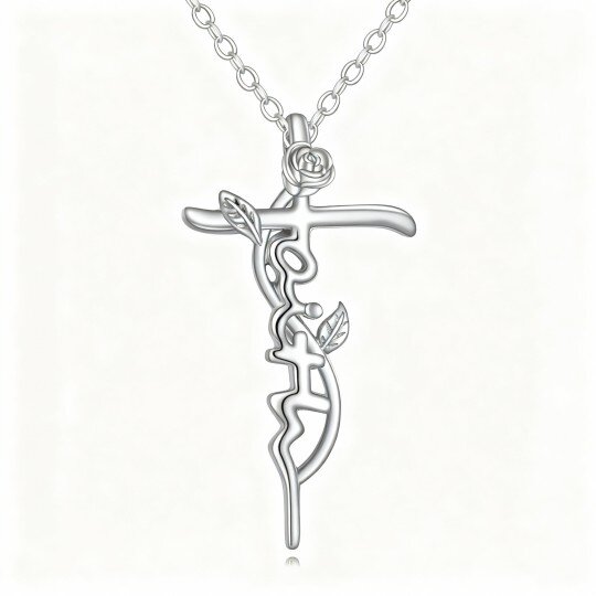 Colar com pendente de rosa e cruz em ouro branco 10K