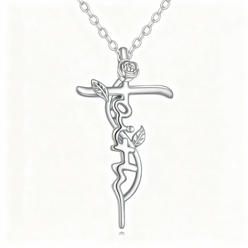 Colar com pendente de rosa e cruz em ouro branco 10K-8