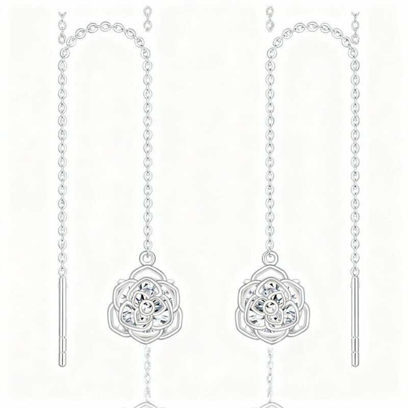 Orecchini pendenti a forma di rosa in oro bianco 10 carati con zirconi cubici-13