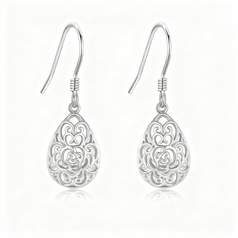 10K White Gold Rose & Drop Shape Drop Earrings-17